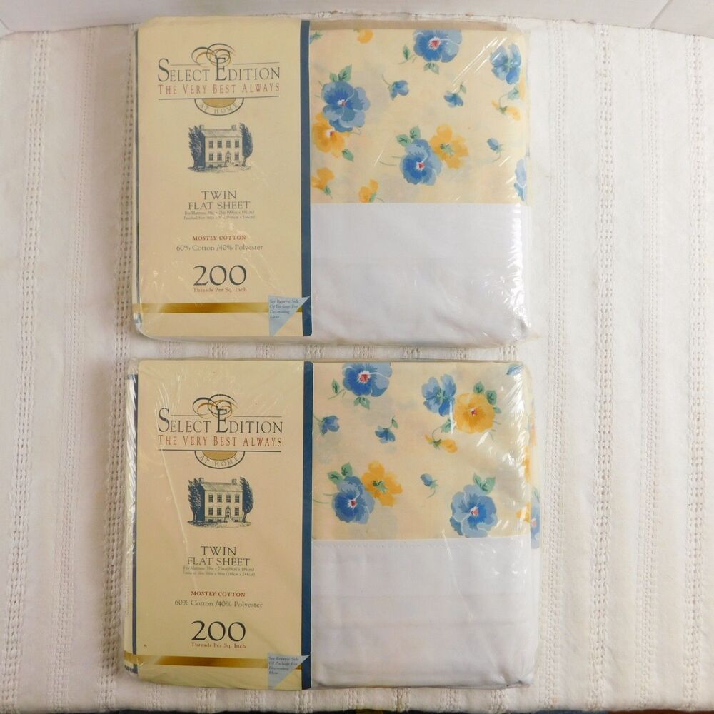 Springs Home Twin Flat Sheets Pansies Yellow Blue Y2K 66x96 Lot of 2 Percale NOS